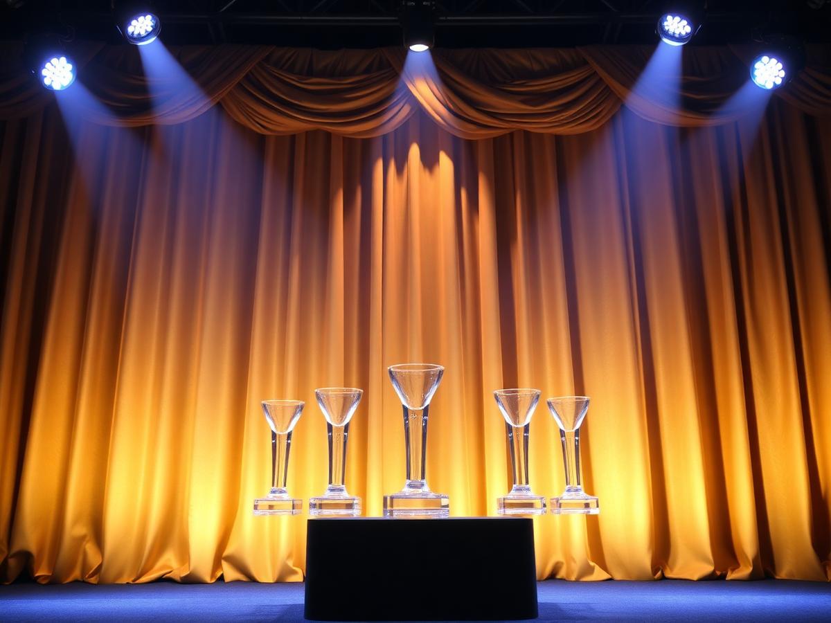 Awards ceremony stage with a gold curtain backdrop and glass trophies on a pedestal
