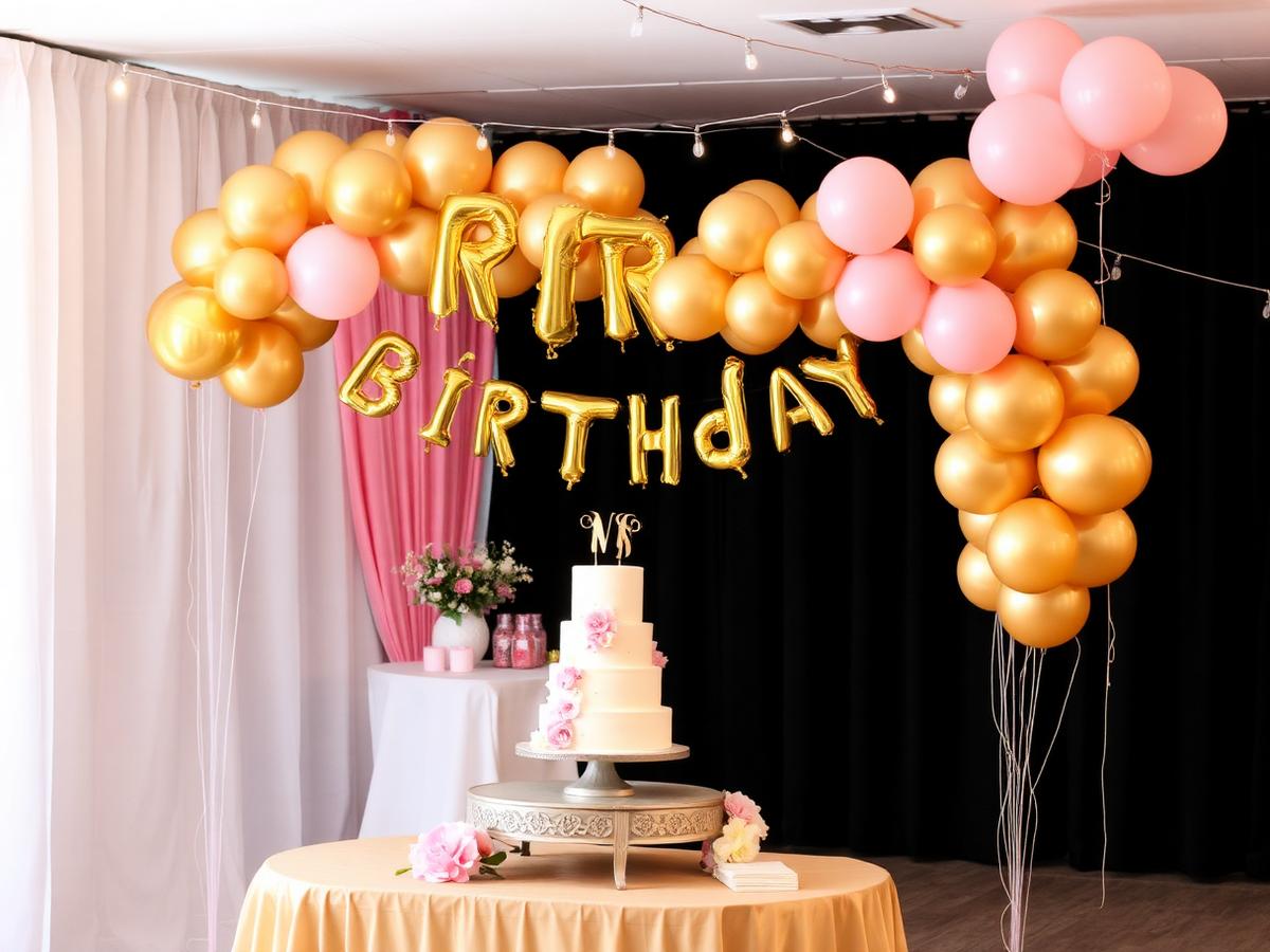 Birthday celebration setup with a gold balloon arch and a tiered cake on a decorated table