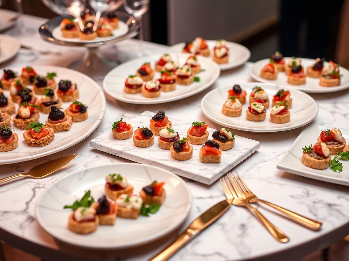 Gourmet catering display of canapés on marble surfaces with gold cutlery