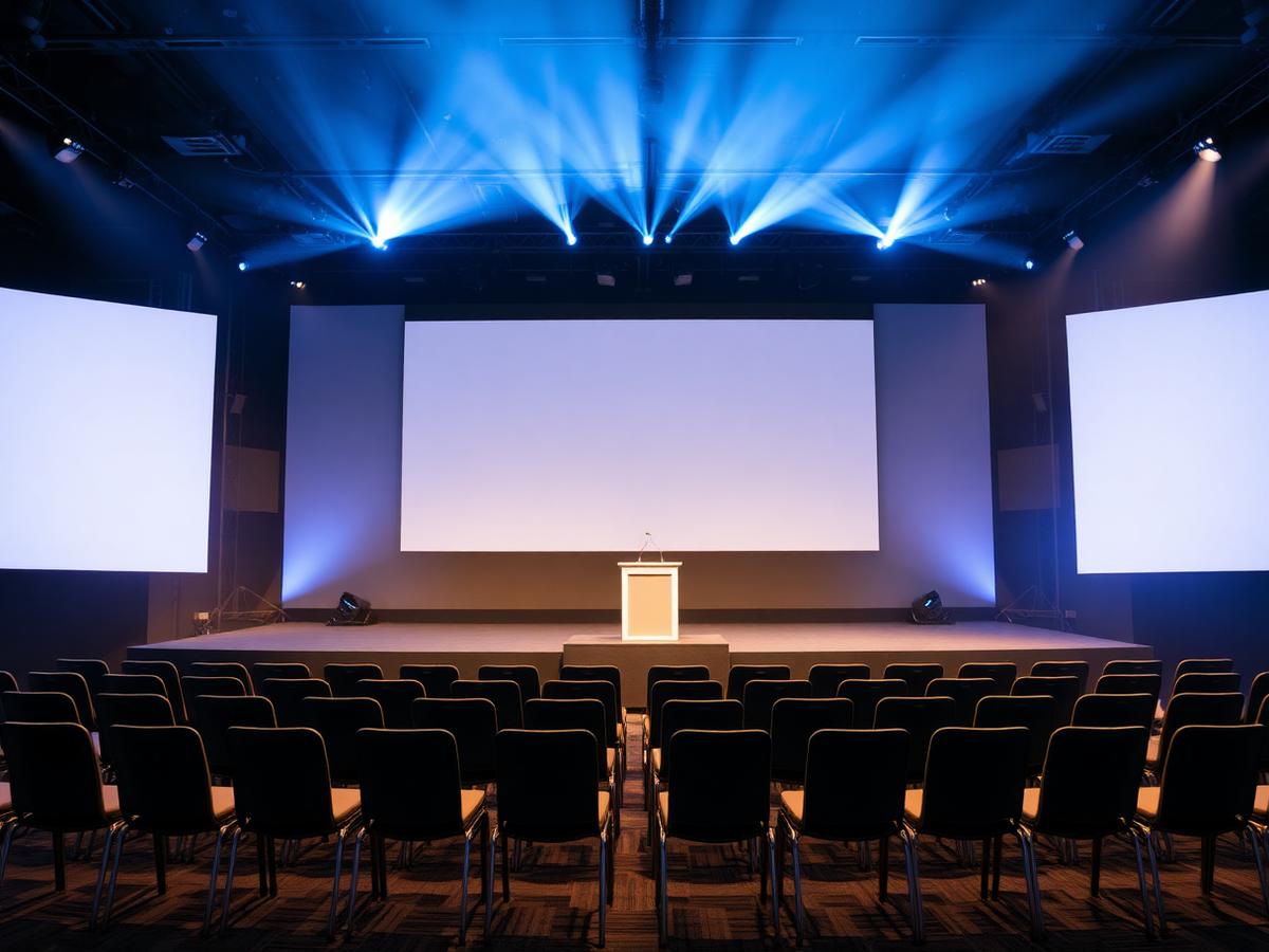 Corporate conference stage with a large presentation screen, podium, and rows of seating