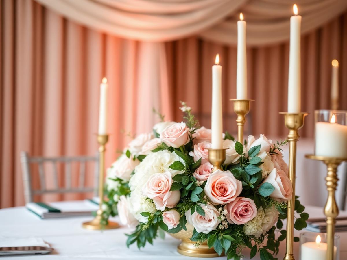 Elegant floral centrepiece with blush roses, greenery, and gold candlesticks