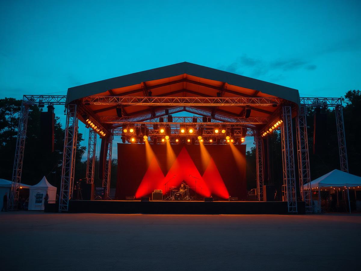 Outdoor festival stage at dusk lit with warm and red stage lighting
