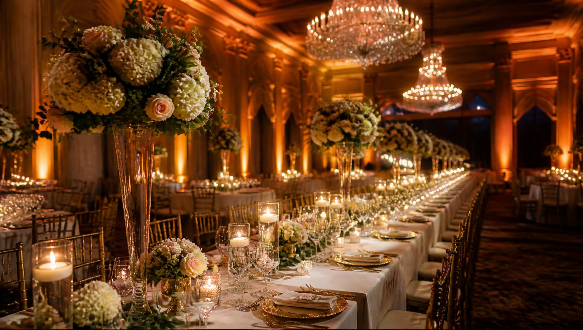 Elegant candlelit banquet hall set with gold chargers, tall floral centrepieces and crystal chandeliers