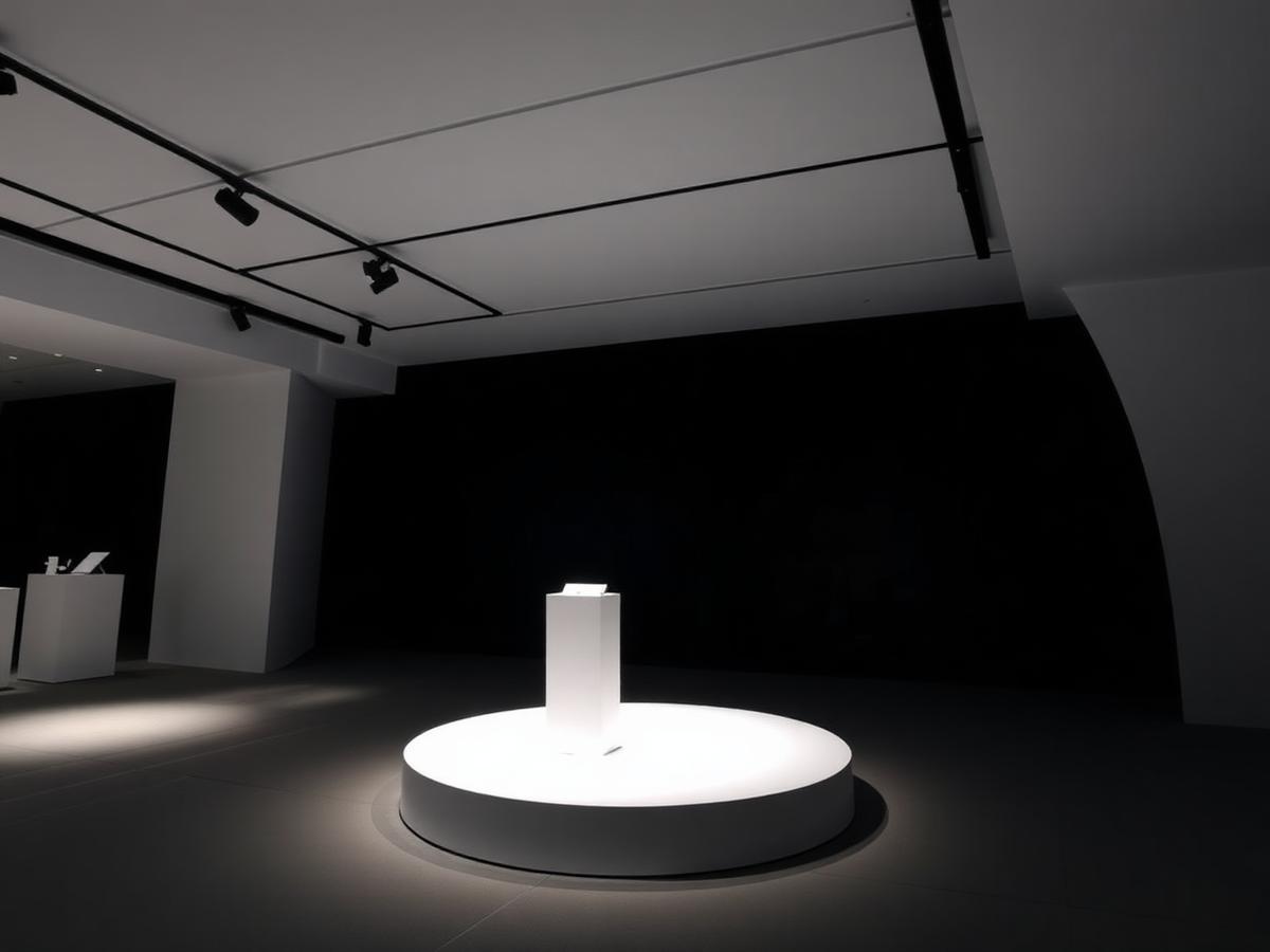 Minimal product launch space with a spotlit white display pedestal in a dark room