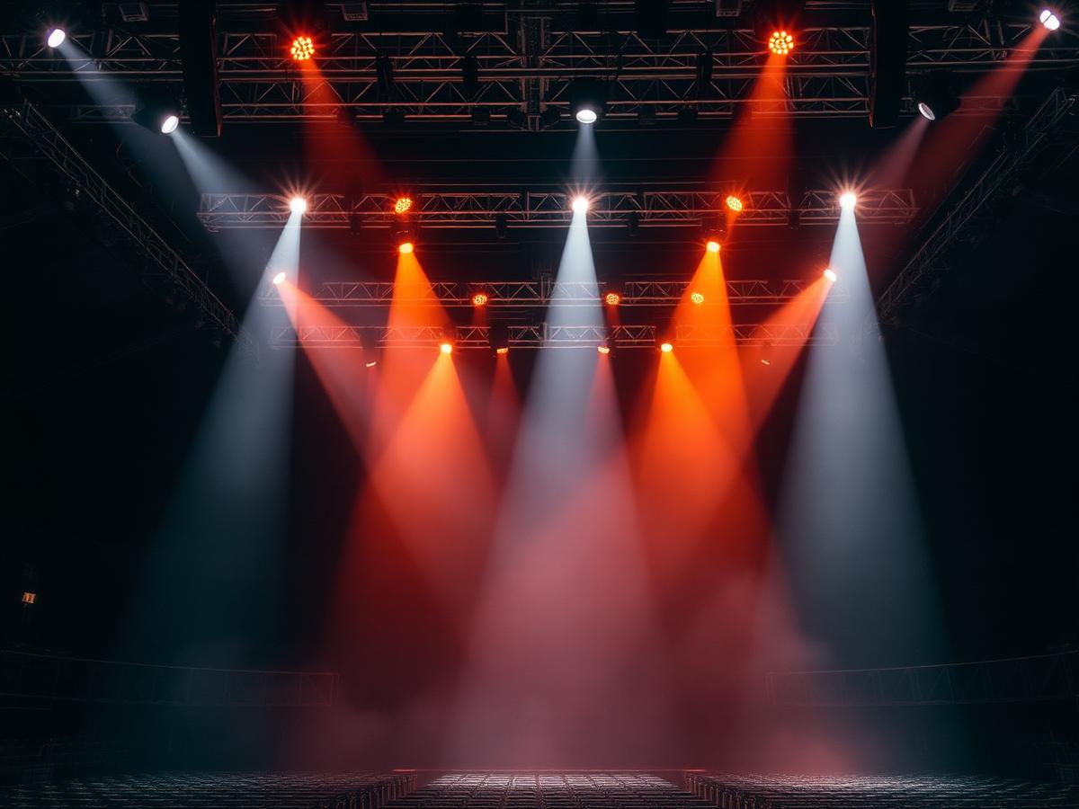 Concert stage lighting rig casting warm and amber beams through haze over an empty venue