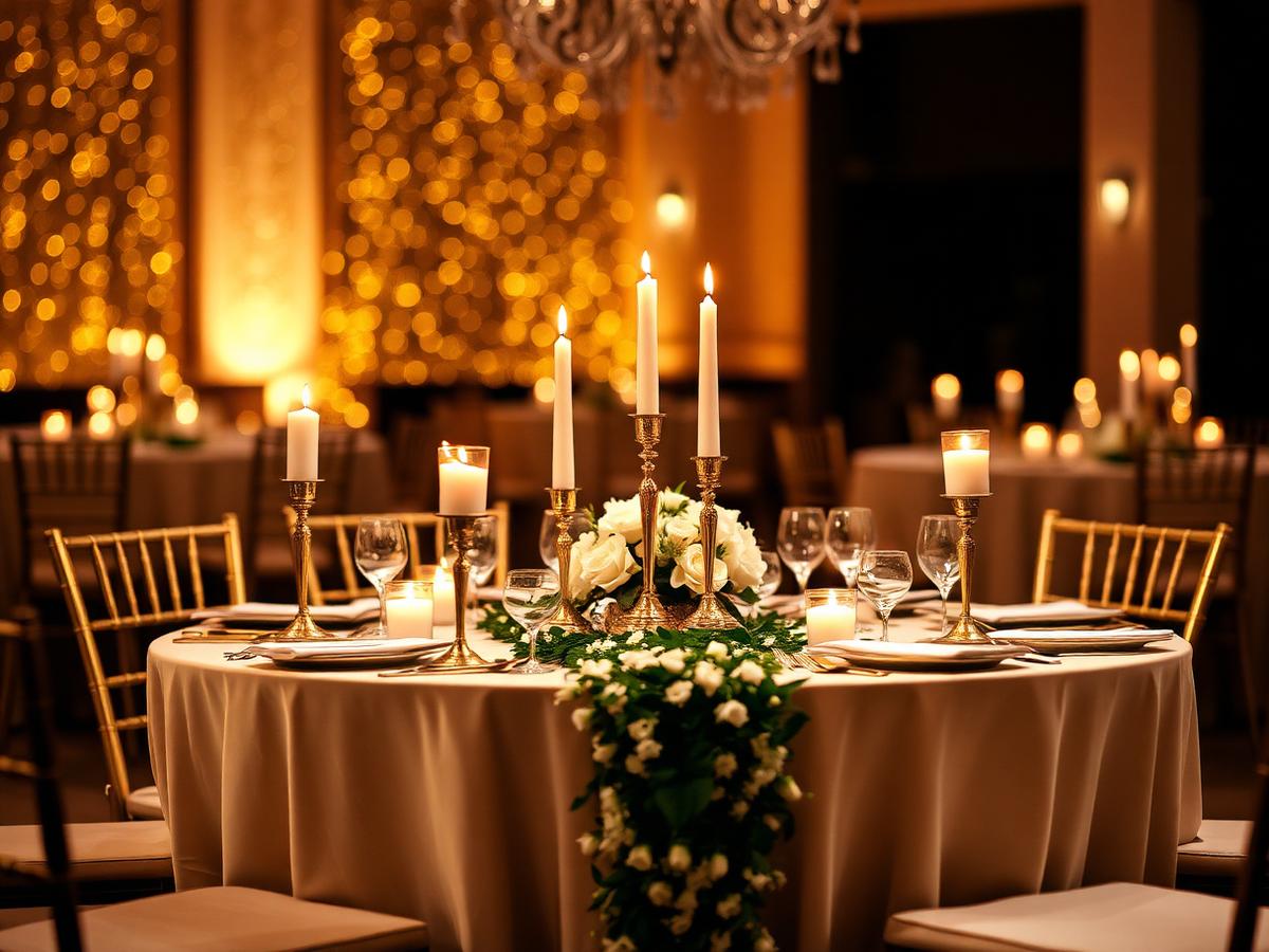 Intimate private dinner table set with candles, gold accents, and a floral runner