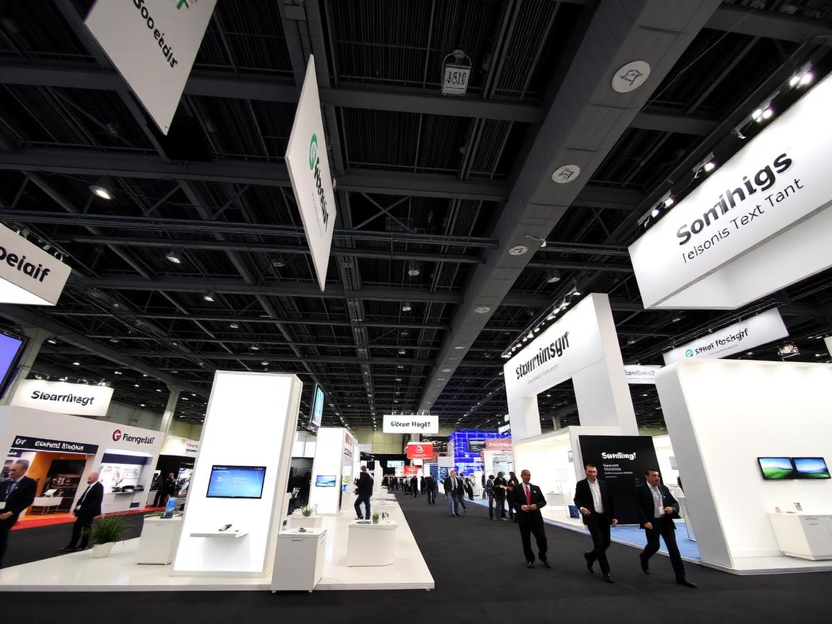 Trade show exhibition hall with modern branded booths and bright overhead lighting