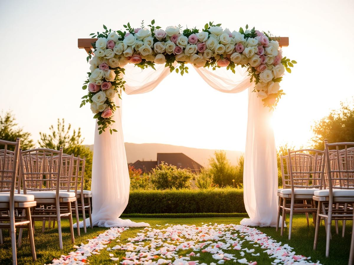 Outdoor wedding ceremony arch decorated with white and blush roses at golden hour